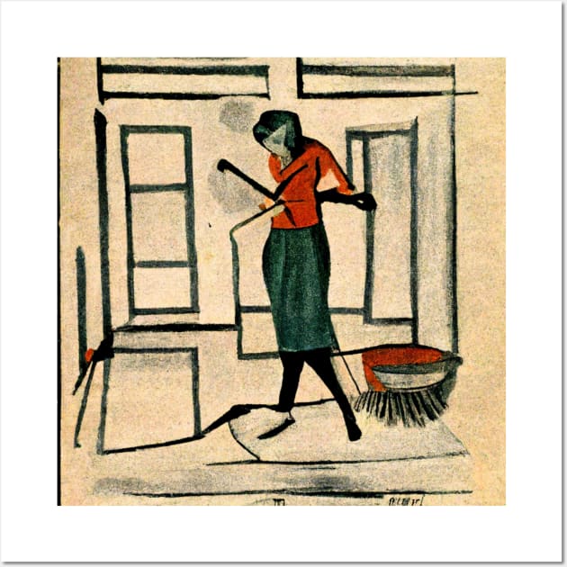 Old fashioned sketch graphic of woman in her house. Wall Art by Liana Campbell